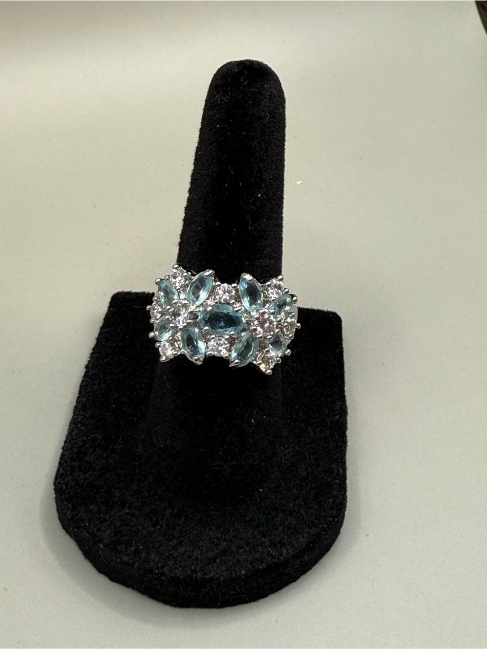 925 Sterling Silver Blue Crystal Cluster Cocktail Ring - Women Jewelry
